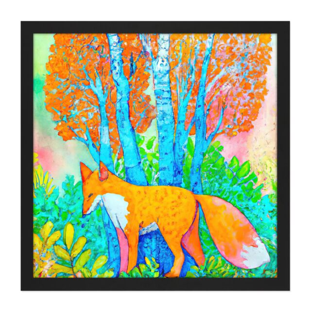 Artery8 Wall Art Print Fox in Woods Trees Forest Vibrant Colours Orange Splatter Watercolour Painting Square Framed Picture 16X16 Inch - image 1