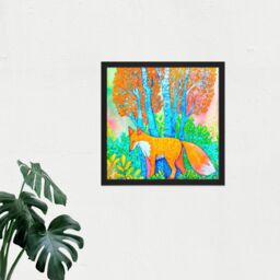Artery8 Wall Art Print Fox in Woods Trees Forest Vibrant Colours Orange Splatter Watercolour Painting Square Framed Picture 16X16 Inch - thumbnail 2