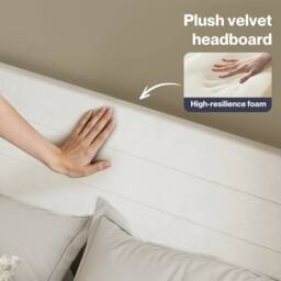 VOGREX King Velvet Upholstered Bed Frame Foam Headboard Slat Support in White - thumbnail 4