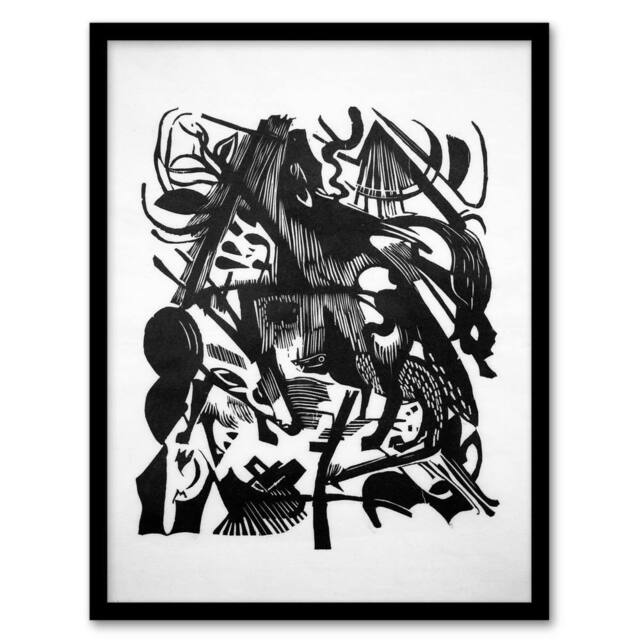 Artery8 Franz Marc Framed Wall Art Birth of the Wolves Abstract Painting in White - Size: A4 - image 1