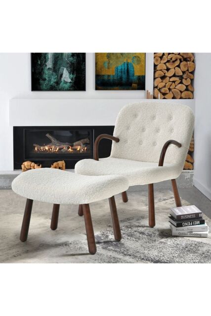 Living and Home Netural Bouclé Armchair and Footstool Set with Wooden Legs in White - image 1