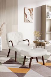 Living and Home Netural Bouclé Armchair and Footstool Set with Wooden Legs in White - thumbnail 7