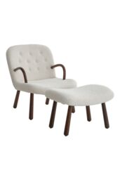 Living and Home Netural Bouclé Armchair and Footstool Set with Wooden Legs in White - thumbnail 2