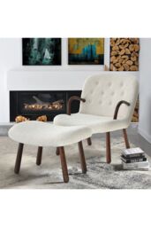 Living and Home Netural Bouclé Armchair and Footstool Set with Wooden Legs in White - thumbnail 1