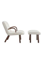 Living and Home Netural Bouclé Armchair and Footstool Set with Wooden Legs in White - thumbnail 3