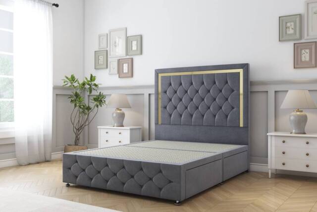 "Sloomy Sofia Gold Plush Divan Base 2 Drawers 54"" Headboard & 12"" Footboard in Dark Grey - Size: King" - image 1
