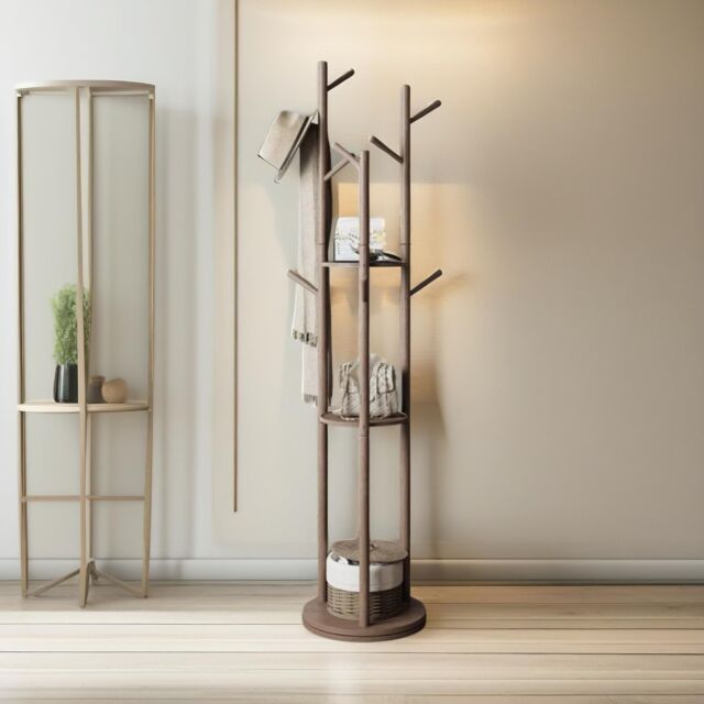 FURNOS Rotating 360 Wooden Coat Stand With 9 Hooks in Brown - image 1