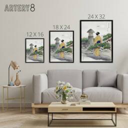 "Artery8 Full Moon Pine Tree Vintage Ukiyo E Framed Canvas Wall Art Print Gekko in Green - Size: W12"" x H16""" - thumbnail 4