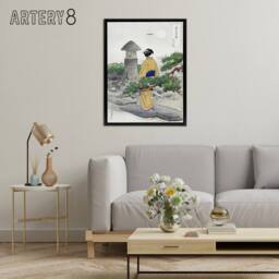 "Artery8 Full Moon Pine Tree Vintage Ukiyo E Framed Canvas Wall Art Print Gekko in Green - Size: W12"" x H16""" - thumbnail 3