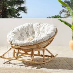 Wyld and Coco Rocking Chair Handwoven Natural Rattan Beige Cotton Cushion Indoor - thumbnail 1