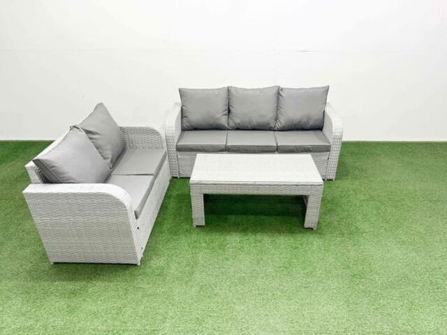 Fimous 5 Seater PE Rattan Wicker Garden Furniture Patio Conservatory Sofa Set with Oblong Coffee Table 3 Seater Sofa Love Sofa in Light Grey - image 1