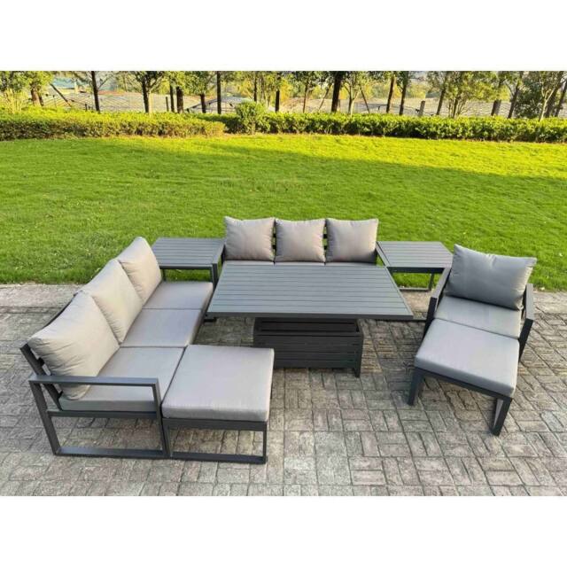 Fimous Aluminum 9-Seater Patio Set with Lifting Table & 2 Side Tables in Dark Grey - image 1