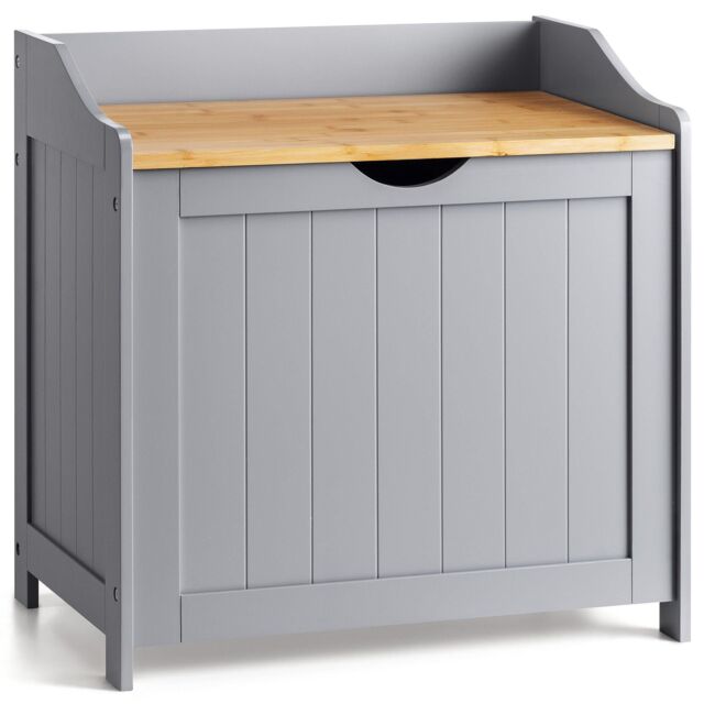 Christow Wooden Laundry Box Bin Grey Bamboo Bathroom Storage Basket Linen Chest - image 1