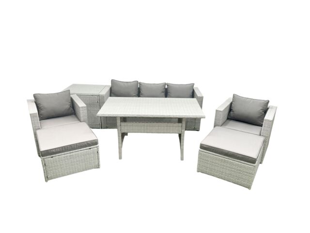 Fimous Garden Dining Set Outdoor Rattan Furniture Set with Sofa Dining Table 2 Chairs 2 Big Footstools Side Table Light Grey Mixed - image 1