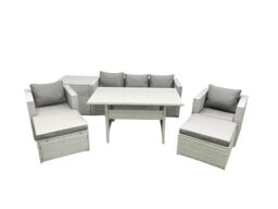 Fimous Garden Dining Set Outdoor Rattan Furniture Set with Sofa Dining Table 2 Chairs 2 Big Footstools Side Table Light Grey Mixed - thumbnail 1