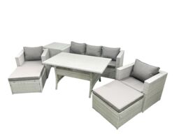 Fimous Garden Dining Set Outdoor Rattan Furniture Set with Sofa Dining Table 2 Chairs 2 Big Footstools Side Table Light Grey Mixed - thumbnail 2