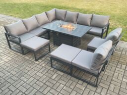 Fimous Aluminium 11 Seater Lounge Corner Sofa Outdoor Garden Furniture Sets Gas Fire Pit Dining Table Set with 2 Big Footstools Dark Grey - thumbnail 1