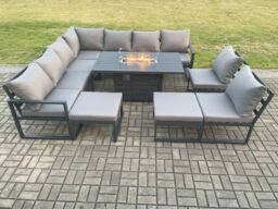 Fimous Aluminium 11 Seater Lounge Corner Sofa Outdoor Garden Furniture Sets Gas Fire Pit Dining Table Set with 2 Big Footstools Dark Grey - thumbnail 2