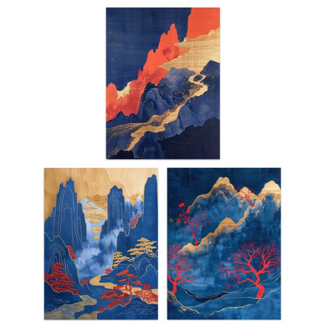 "Artery8 Set of 3 Gold Red Blue Chinese Mountain Landscape 12X16"" Art Prints - Size: W12"" x H16""" - image 1