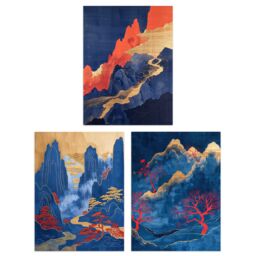 "Artery8 Set of 3 Gold Red Blue Chinese Mountain Landscape 12X16"" Art Prints - Size: W12"" x H16""" - thumbnail 1