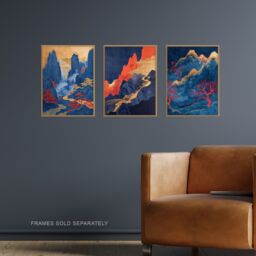 "Artery8 Set of 3 Gold Red Blue Chinese Mountain Landscape 12X16"" Art Prints - Size: W12"" x H16""" - thumbnail 2
