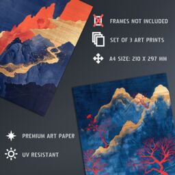 "Artery8 Set of 3 Gold Red Blue Chinese Mountain Landscape 12X16"" Art Prints - Size: W12"" x H16""" - thumbnail 4