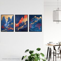 "Artery8 Set of 3 Gold Red Blue Chinese Mountain Landscape 12X16"" Art Prints - Size: W12"" x H16""" - thumbnail 3