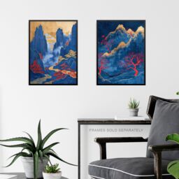 "Artery8 Set of 3 Gold Red Blue Chinese Mountain Landscape 12X16"" Art Prints - Size: W12"" x H16""" - thumbnail 6