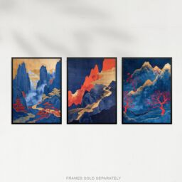 "Artery8 Set of 3 Gold Red Blue Chinese Mountain Landscape 12X16"" Art Prints - Size: W12"" x H16""" - thumbnail 5