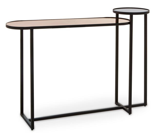 Orsina Console Table, Dual‑Tier Smoked Mirror Tops & Asymmetric Black Iron Frame, Quirky Minimalist Console - image 1