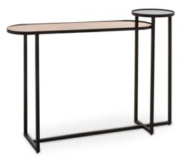 Orsina Console Table, Dual‑Tier Smoked Mirror Tops & Asymmetric Black Iron Frame, Quirky Minimalist Console