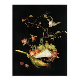 "Artery8 Stylised Still Life with Bird Audsley Vintage Wall Art Print Poster in Black - Size: W18"" x H24""" - thumbnail 1