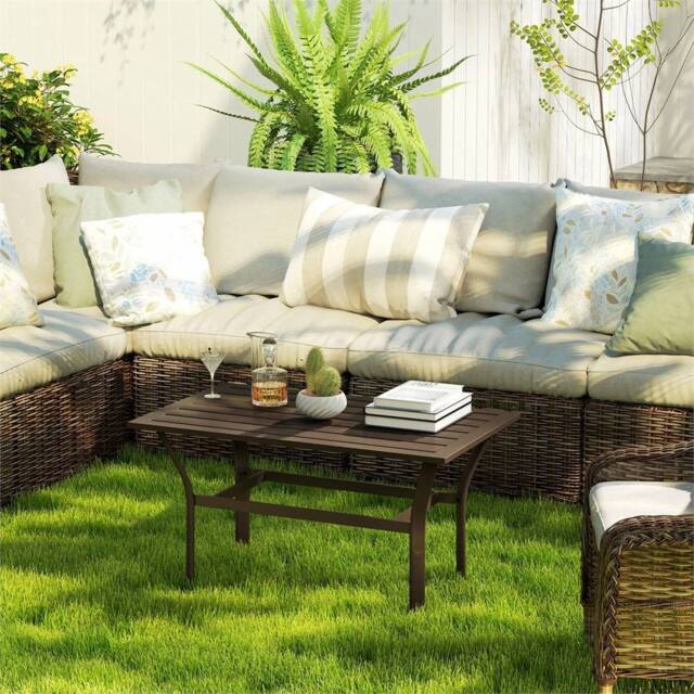 Havendro Metal Garden Coffee Table with Slatted Top Brown - Size: 100 cm x 100 cm - image 1