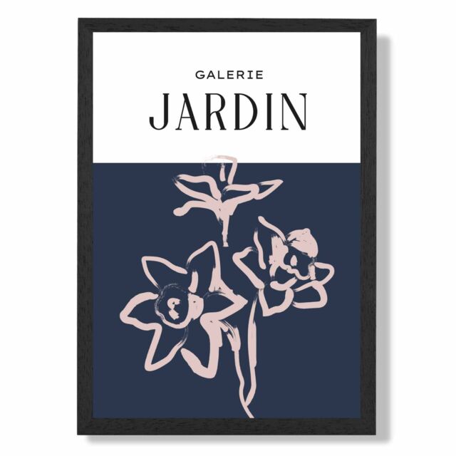 ARTZE Navy Blue & Blush Flowers Boho Sketch Floral Framed Print SIZE: A4 with Black Frame - image 1