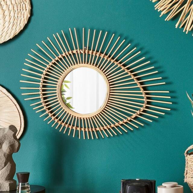Wyld and Coco Eye-Shaped Bamboo Wall Mirror - Rustic Modern Horizontal Frame in Brown - image 1