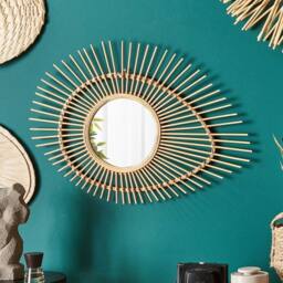 Wyld and Coco Eye-Shaped Bamboo Wall Mirror - Rustic Modern Horizontal Frame in Brown