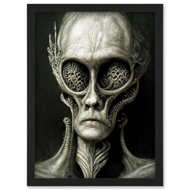Artery8 Aquatic Alien Monochrome Portrait Gothic Horror Artwork Framed Wall Art Print A4 in Black