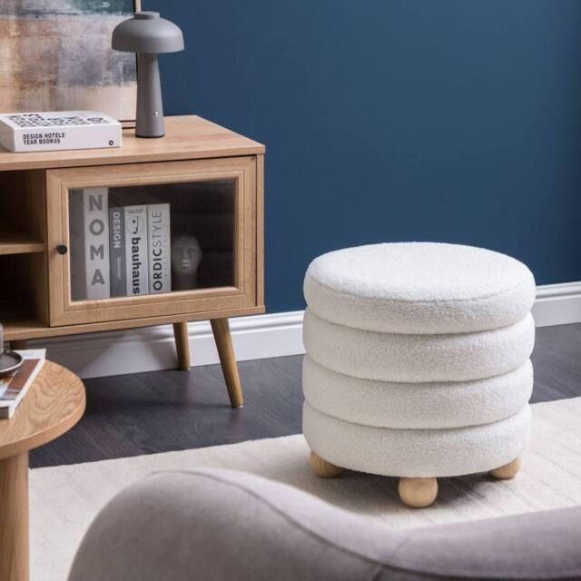 Wyld and Coco Pouffe Off-White Boucle with Pine Legs in White - image 1
