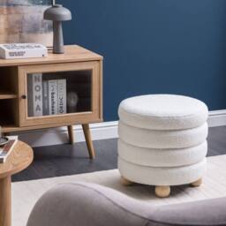 Wyld and Coco Pouffe Off-White Boucle with Pine Legs in White