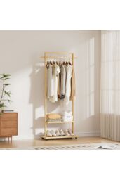 Living and Home Bamboo Rolling Clothes Coat Hanging Rod Garment Rack with 2-tier Shelves, Wheels in Natural - thumbnail 7