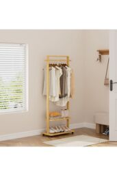 Living and Home Bamboo Rolling Clothes Coat Hanging Rod Garment Rack with 2-tier Shelves, Wheels in Natural - thumbnail 2