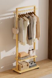 Living and Home Bamboo Rolling Clothes Coat Hanging Rod Garment Rack with 2-tier Shelves, Wheels in Natural