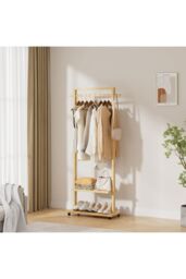 Living and Home Bamboo Rolling Clothes Coat Hanging Rod Garment Rack with 2-tier Shelves, Wheels in Natural - thumbnail 5
