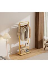 Living and Home Bamboo Rolling Clothes Coat Hanging Rod Garment Rack with 2-tier Shelves, Wheels in Natural - thumbnail 4