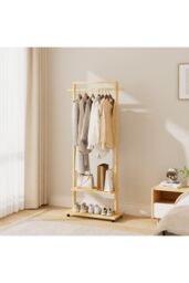 Living and Home Bamboo Rolling Clothes Coat Hanging Rod Garment Rack with 2-tier Shelves, Wheels in Natural - thumbnail 3