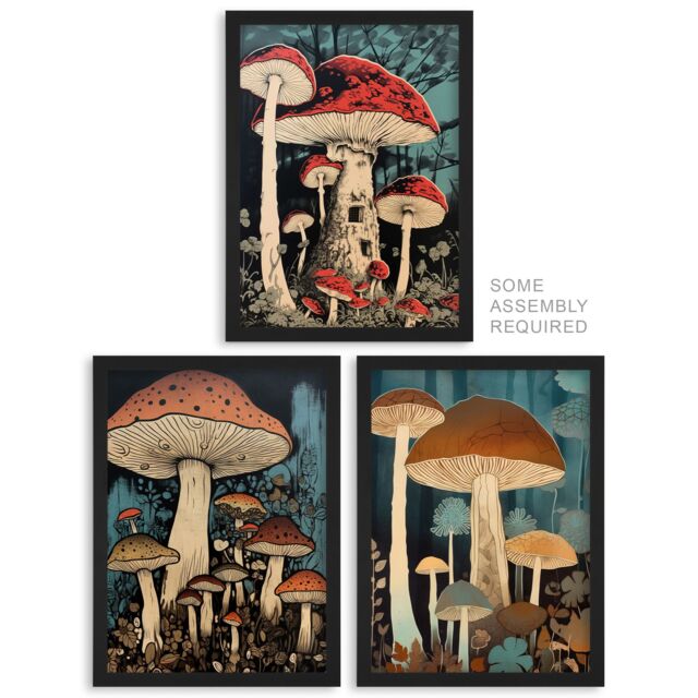 Artery8 A4 Wall Art & Frame Set of 3 Cep Mushrooms Forest Floor Earthy in Blue - image 1