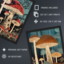Artery8 A4 Wall Art & Frame Set of 3 Cep Mushrooms Forest Floor Earthy in Blue - thumbnail 3
