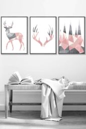ARTZE Geometric Blush Pink Grey Stags Set Framed Wall Art - Medium in Dark Grey - Size: W45 cm x H62 cm x D20mm