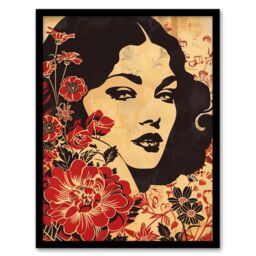 Artery8 Beauty in Bloom Woman Floral Portrait Design Framed Art Print in Beige - Size: A4 - thumbnail 1