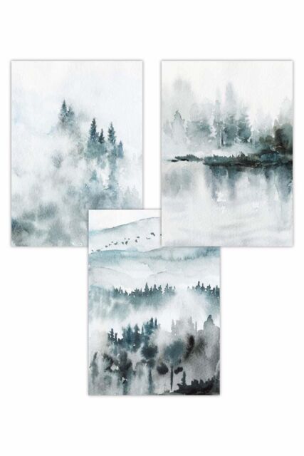 ARTZE Set of 3 Teal Blue Abstract Forest Lake Art Posters - Size: W50 cm x H70 cm - image 1